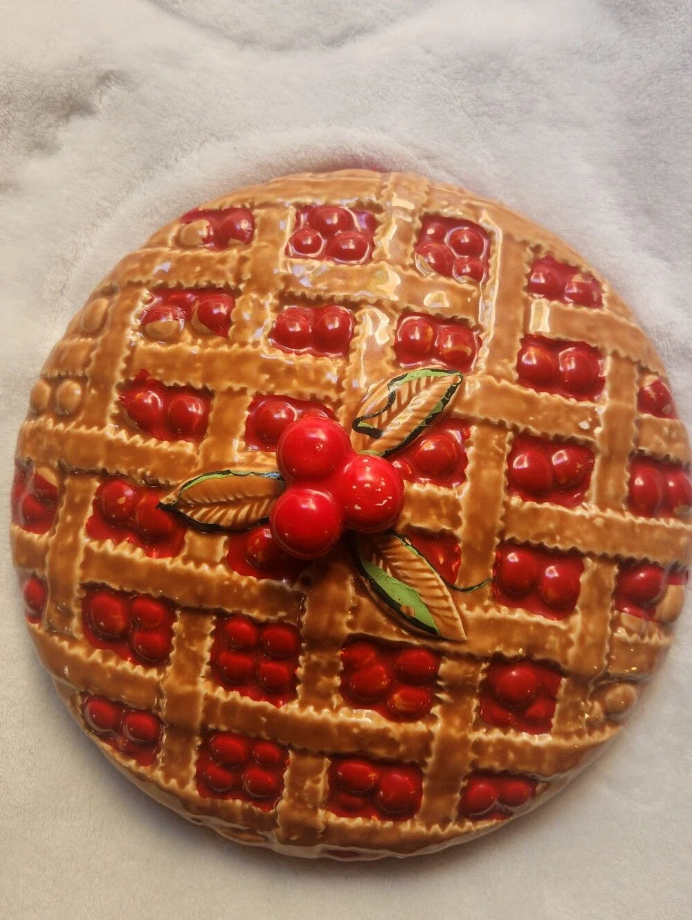 Vintage Cookwear, Red Cherry Pie Ceramic Covered Dish With Cherry Textured Top